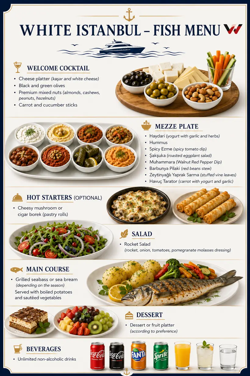 Full Fish Dinner Menu of the White Istanbul yacht