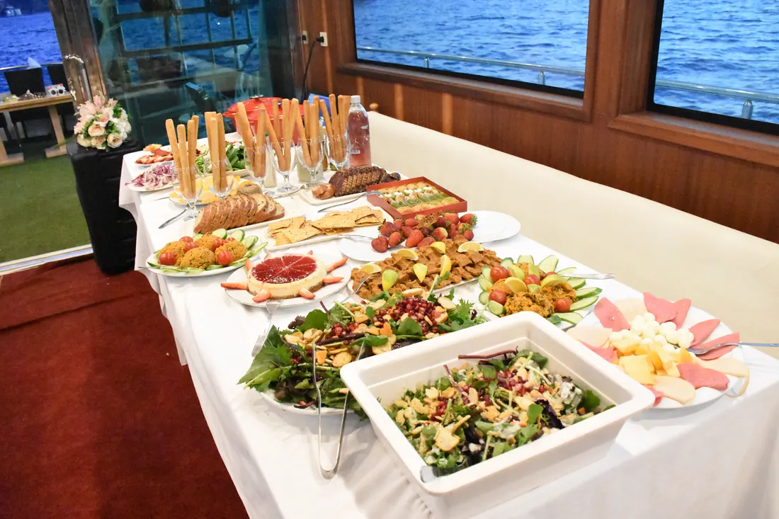 Birthday buffet of mezes and salads on a yacht