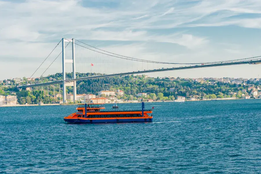 The dinner cruise boat on the Bosphorus near the bridge