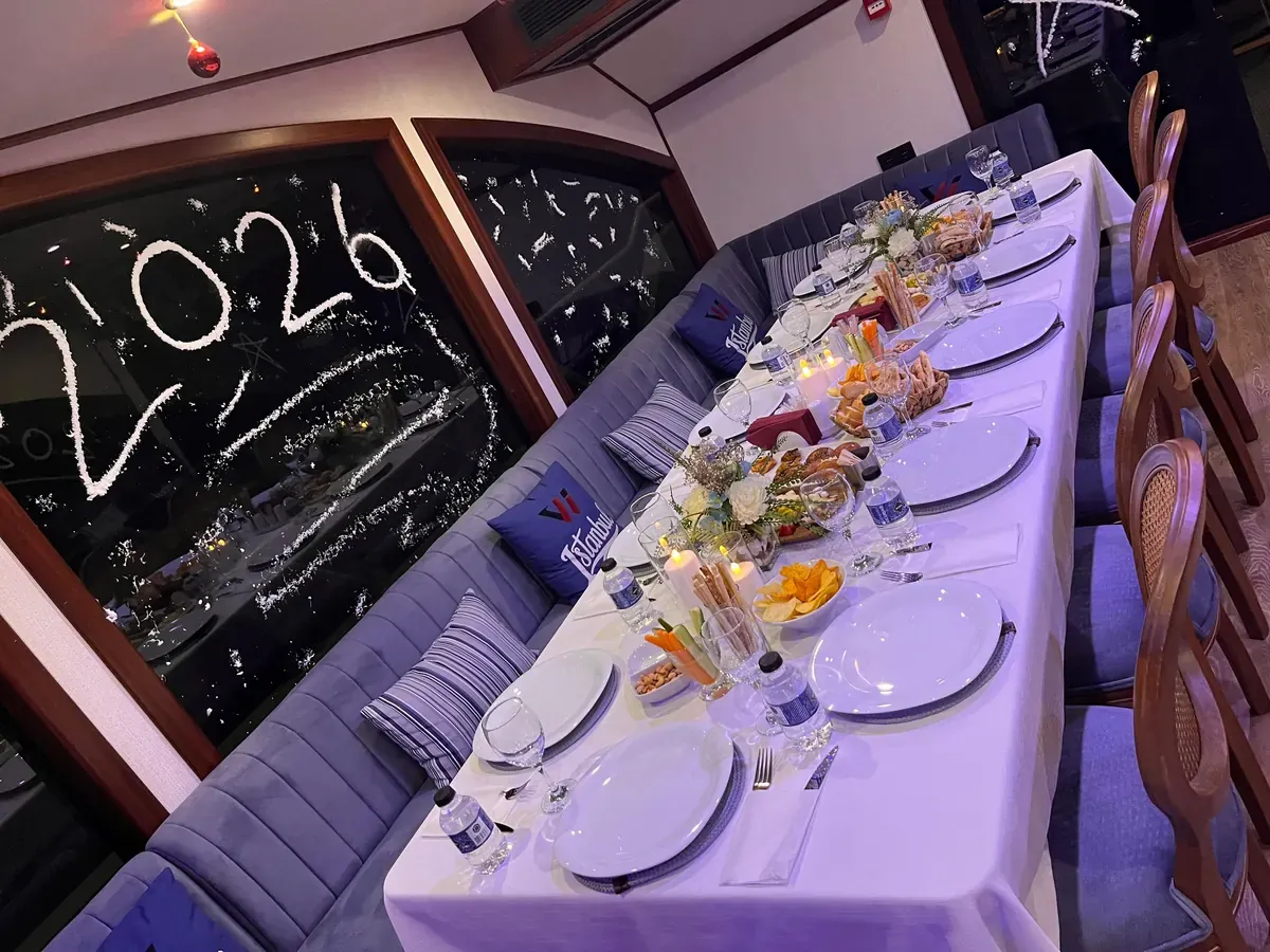 Gala table set for a private New Year's Eve party on a yacht