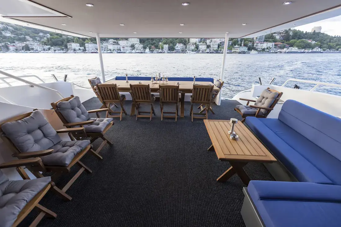Shaded aft deck with lounge seating on a private yacht