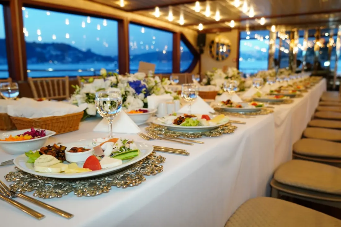 Reception dinner table with mezes on a yacht