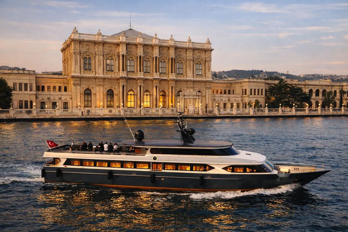 Majesty yacht cruising past Dolmabahçe Palace