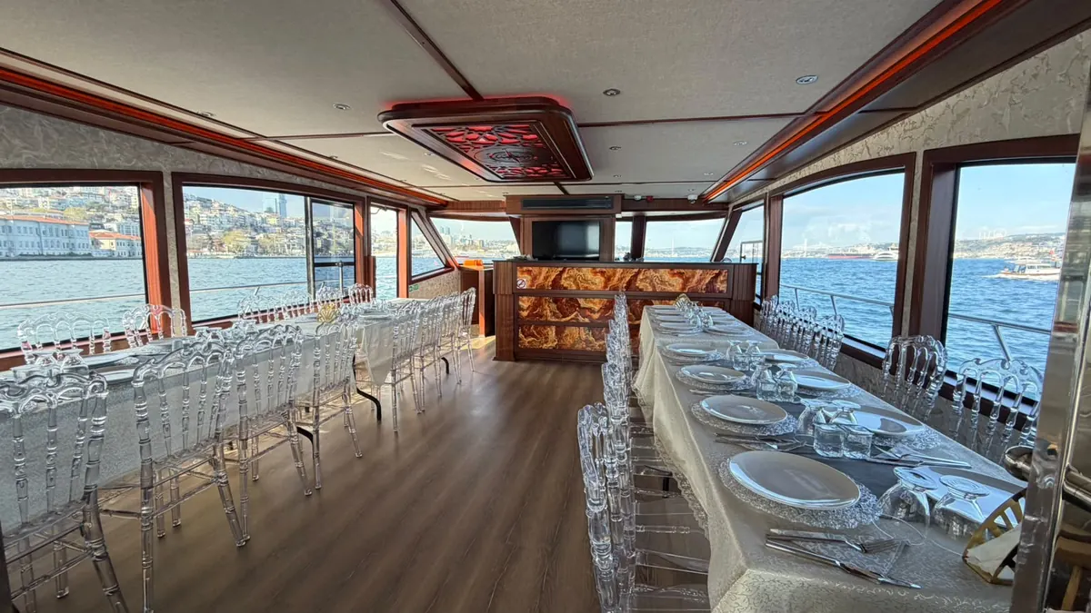 Saloon set for a dinner on Sea Fairy