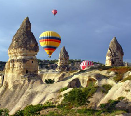 Walking path between the fairy chimneys of Paşabağ (Monks Valley) in Cappadocia