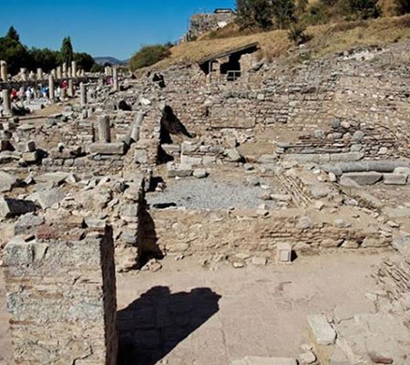 Mosaic floor and room foundations inside the Love House at Ephesus