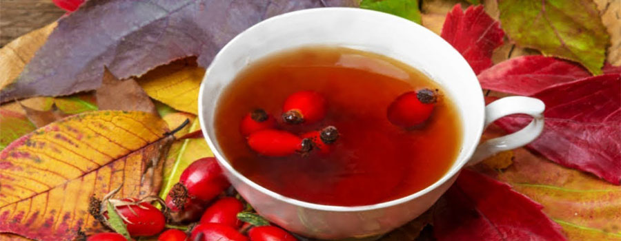 Red rosehip tea in a glass cup