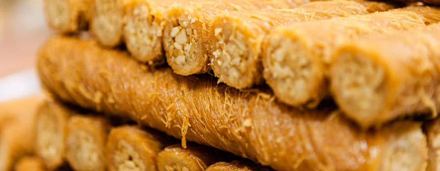 Burma kadayif rolls of shredded pastry filled with pistachio