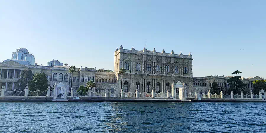 Marble facade of Dolmabahce Palace on the European shore of the Bosphorus