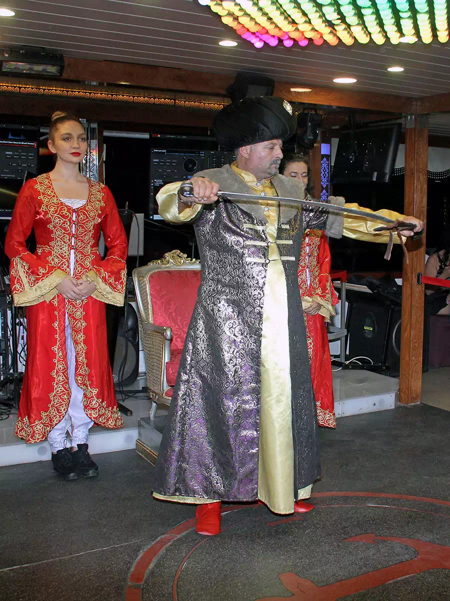 Live entertainment on an Ottoman-themed Bosphorus dinner cruise