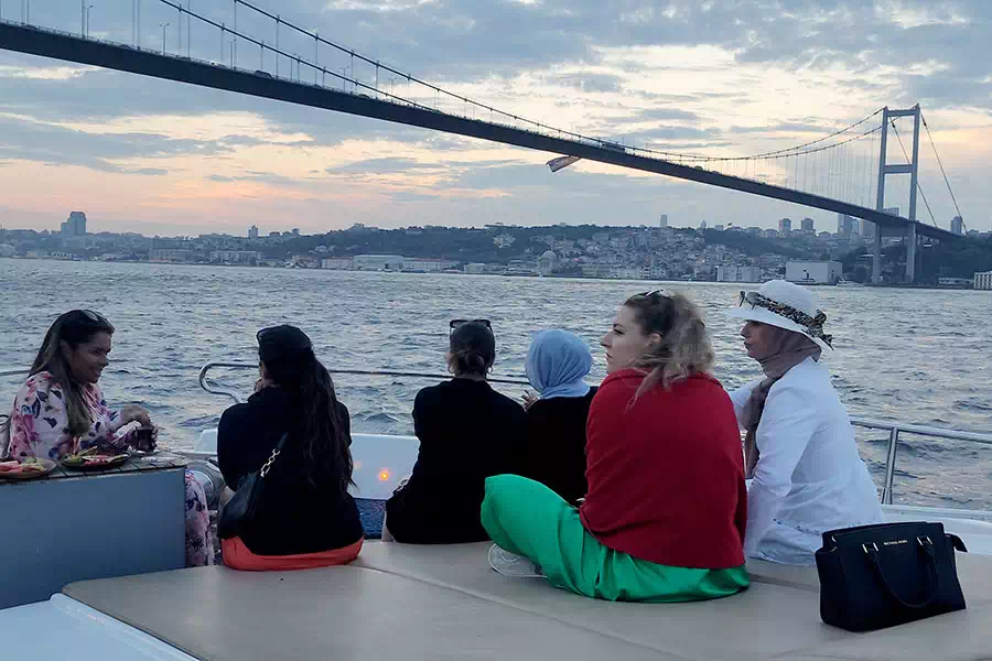 Covered saloon on board a Bosphorus sunset cruise yacht