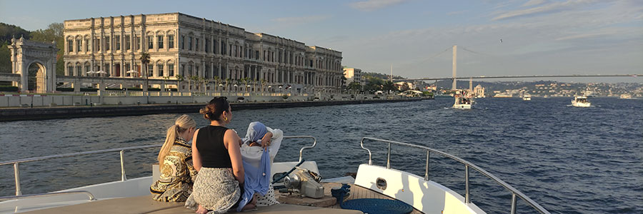 Sunset over the Istanbul skyline seen from a Bosphorus cruise