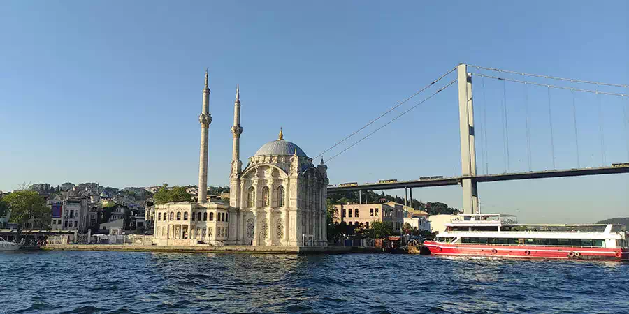 Ortakoy Mosque on the water with the Bosphorus Bridge behind