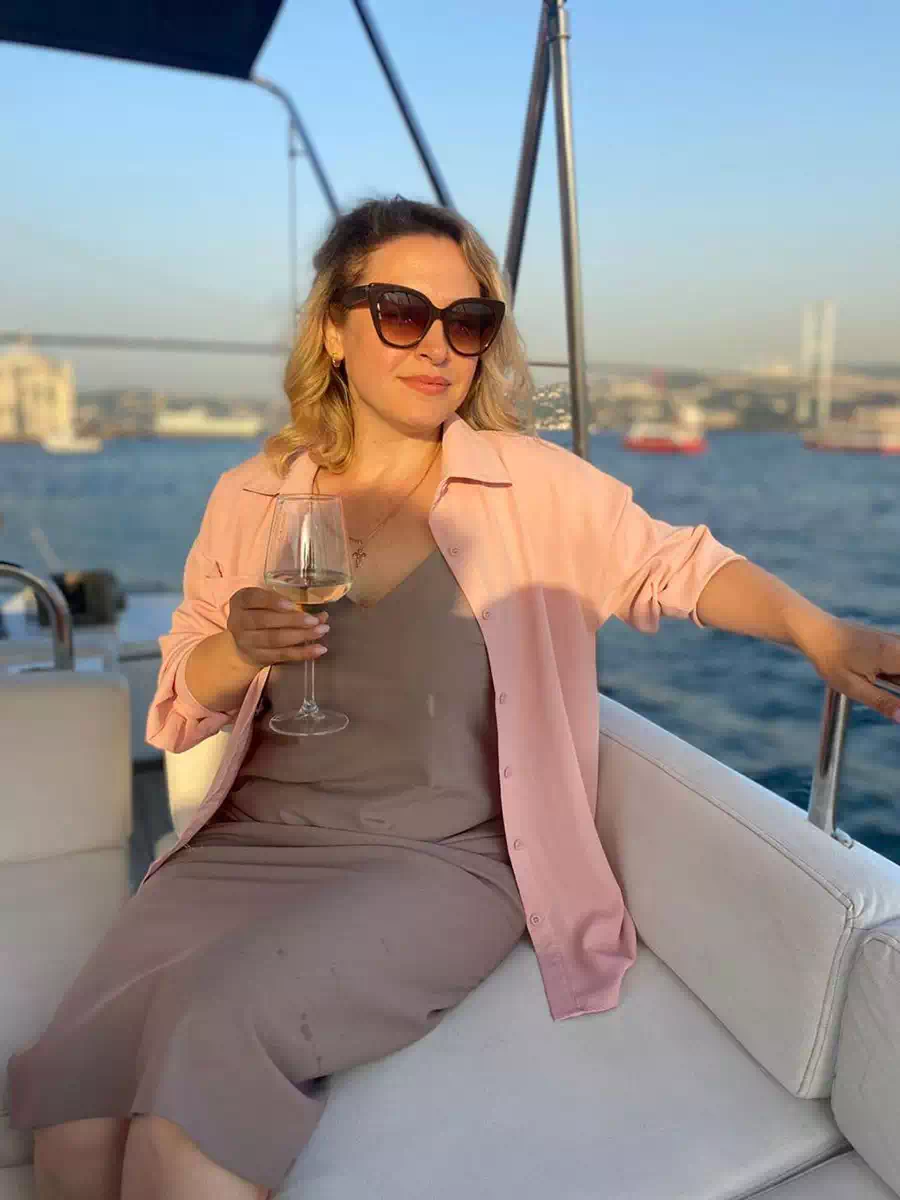 Private yacht on the Bosphorus with the Istanbul skyline behind