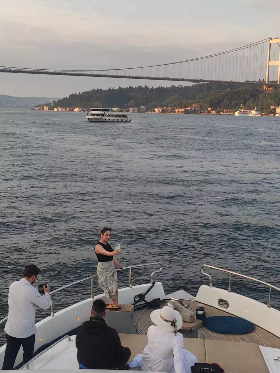 Sunset over the Bosphorus seen from the deck of a yacht in Istanbul