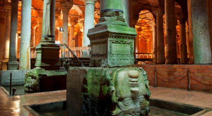 Lit columns reflected in the water of the Basilica Cistern