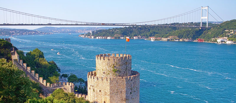 Panoramic view of the Istanbul Bosphorus with boats on the water