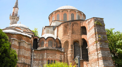 Brick exterior of Hagia Irene church in the Topkapı Palace courtyard
