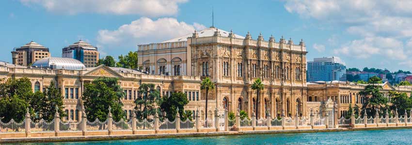 Dolmabahce Palace gardens and gate on the Bosphorus