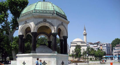 German Fountain with its green dome at the north end of the Hippodrome