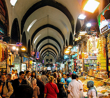 Colourful spice displays inside the Spice Bazaar (Egyptian Bazaar) in Eminonu, Istanbul