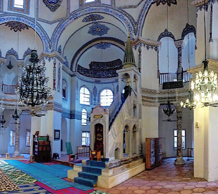 Interior of Little Hagia Sophia Mosque with its central dome and Byzantine columns, Istanbul