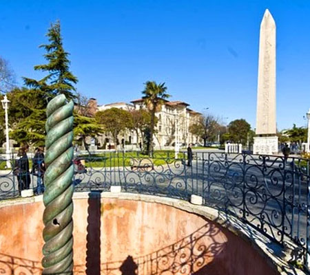 The Obelisk of Theodosius and its marble base in Sultanahmet Square, Istanbul