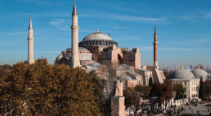 Hagia Sophia in Sultanahmet, Istanbul, with its great dome and minarets