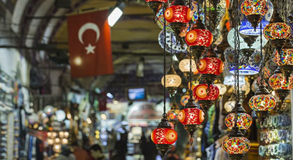 Shops and painted vaulted ceilings inside the Grand Bazaar, Istanbul