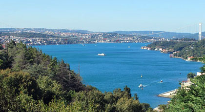 View over the Bosphorus in Istanbul with boats and the shoreline