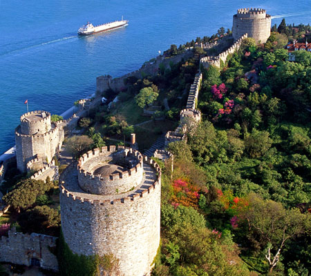 Rumeli Fortress with its towers and walls on the Bosphorus shore