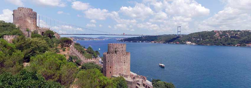 Walls and towers of Rumeli Fortress on the hillside