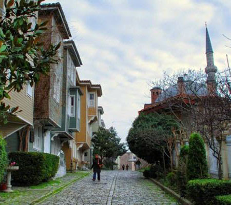 Cobbled Sogukcesme Street in Sultanahmet with traditional Ottoman houses and bay windows