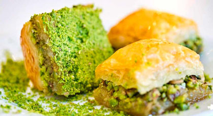 Pistachio baklava on a plate, a classic Istanbul dessert