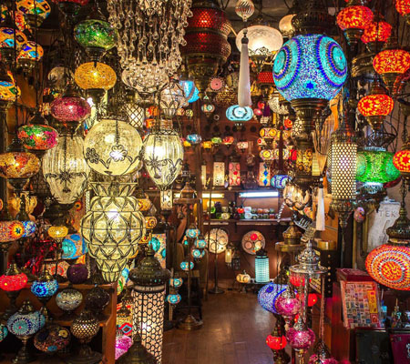 Shops and lanterns inside the Grand Bazaar in Istanbul
