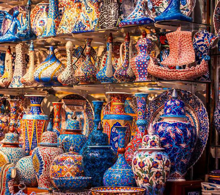 Shops and goods on display inside the Grand Bazaar, Istanbul