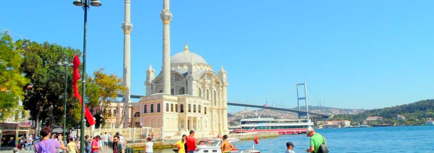 Ortakoy square and mosque on the Bosphorus at the foot of the bridge