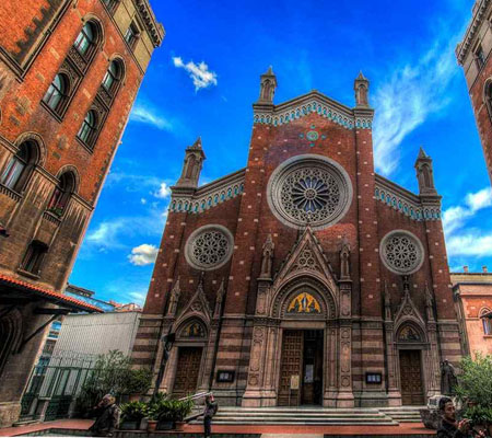 Red-brick neo-Gothic facade of St Anthony of Padua Church on İstiklal Avenue